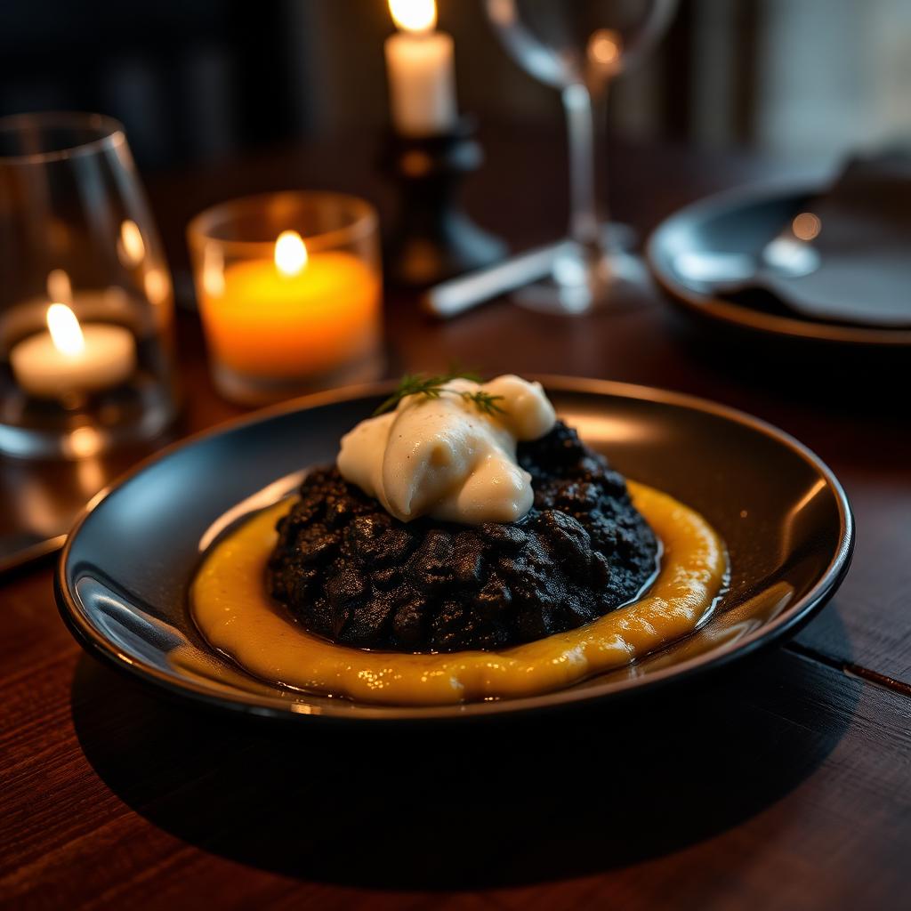 Polentina al nero di seppia con baccalà